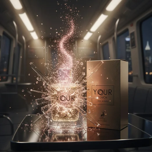 Perfume bottle labeled 'Your Touch for Women' with a silver cap on a dark background