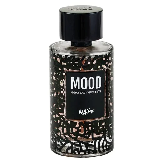 Perfume bottle labeled 'Mood' by Naif on a white background