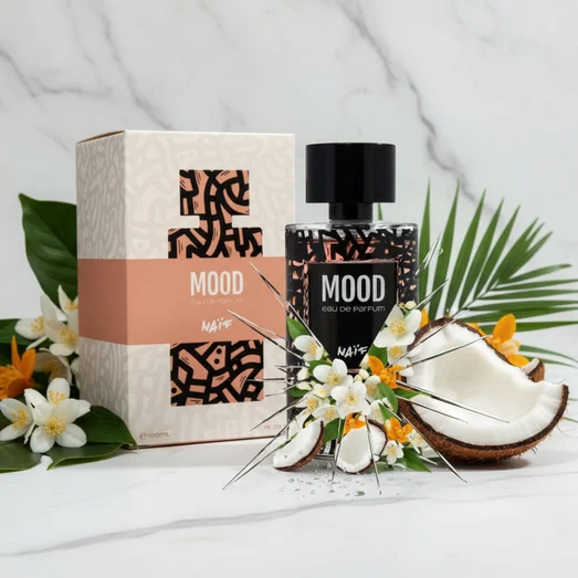 Mood eau de parfum bottle and packaging with 'Mood' branding.