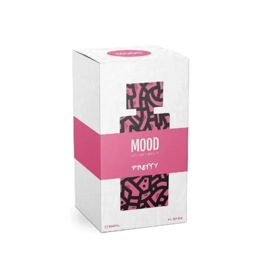 Mood perfume box with pink and black design on a white background