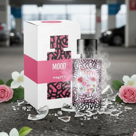Perfume bottle and packaging with 'Exotic Mood Pretty' branding on a pink background with flowers and leaves.