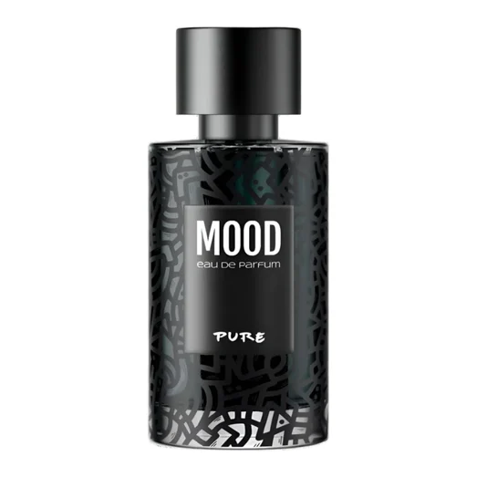 Perfume bottle labeled 'Mood Pure' on a white background