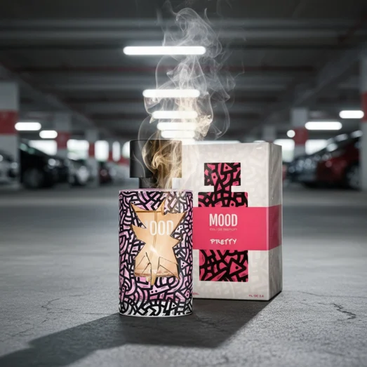 Mood eau de parfum bottle and packaging with geometric pattern on a white background