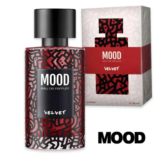 Mood eau de parfum bottle and packaging with red and black design on a white background
