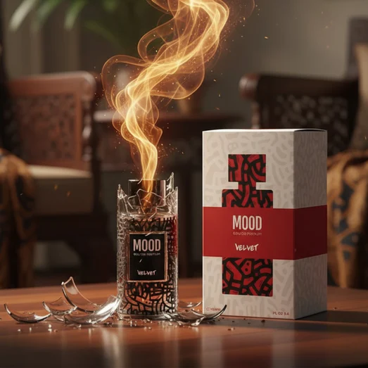 Mood perfume bottle and packaging on a white background