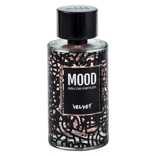 Perfume bottle labeled 'Mood' with a black and white pattern on a white background