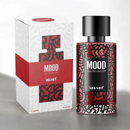 Perfume bottle and packaging with 'Mood' branding on a gray background