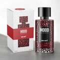 Perfume bottle and packaging with 'Mood' branding on a gray background