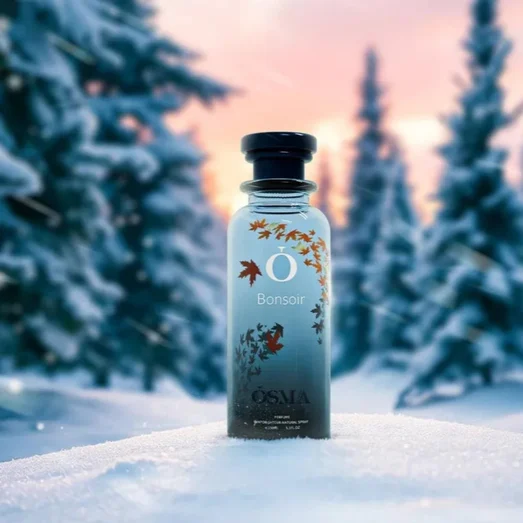 Bottle of Osmia Bonsai in a snowy landscape with trees in the background