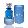 Blue perfume bottle with silver cap and cylindrical container labeled 'OSMA M' on a white background