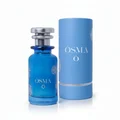 Blue Osma perfume bottle and packaging with ingredients displayed on a light blue background