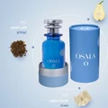 Blue Osma perfume bottle and packaging with ingredients displayed on a light blue background