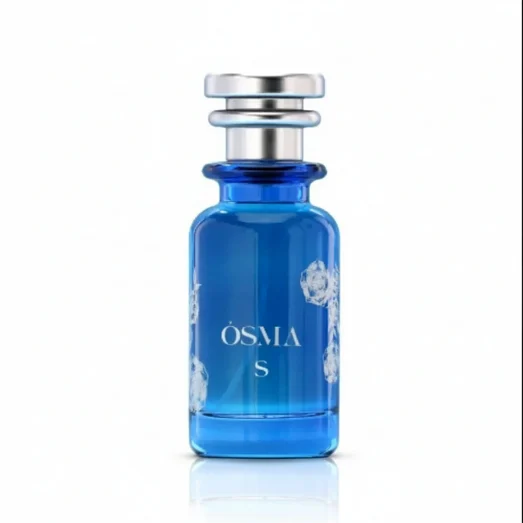Blue perfume bottle with silver cap and cylindrical container on a white background