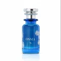 Blue perfume bottle with silver cap and cylindrical container on a white background