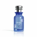 Blue perfume bottle with silver cap and cylindrical container on a white background