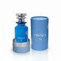Blue perfume bottle with silver cap and cylindrical container on a white background