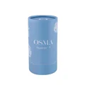 Blue cylindrical container with 'OSMA' branding on a light gray background