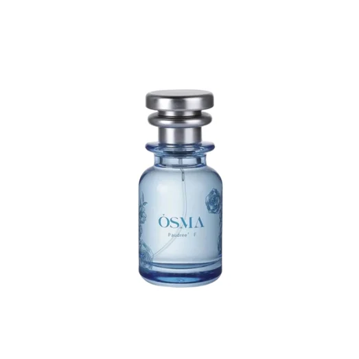 Blue Osma perfume bottle on a light gray background