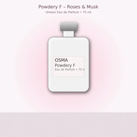 OSMA Powdery F Eau de Parfum bottle on a light pink background