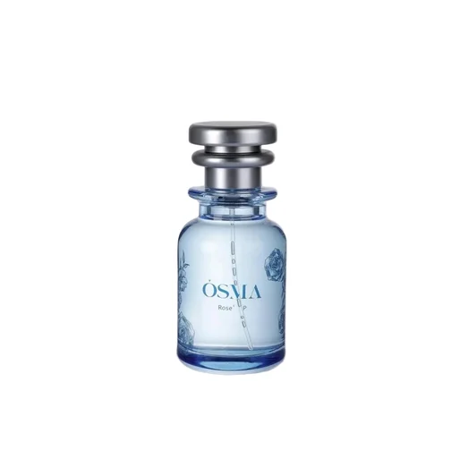 Blue perfume bottle with silver cap on a light gray background