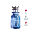 Blue perfume bottle with silver cap on a light gray background