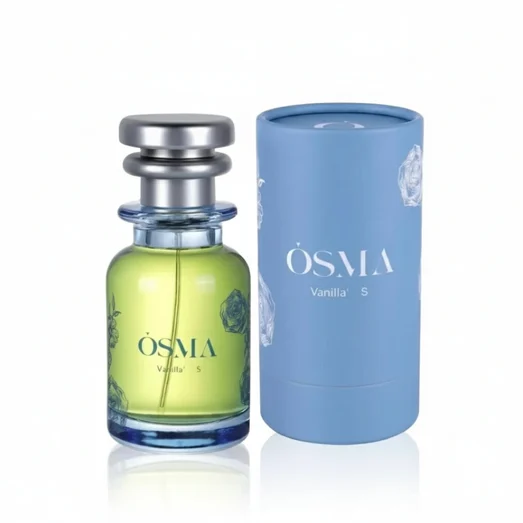 Blue Osma Vanilla S perfume bottle on a white background