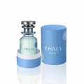 Blue perfume bottle with silver cap on a white background