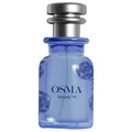 Blue botol minyak wangi berlabel 'Osmia Woody W' with ikon perisa pada latar belakang kelabu muda
