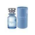 Blue botol minyak wangi berlabel 'Osmia Woody W' with ikon perisa pada latar belakang kelabu muda