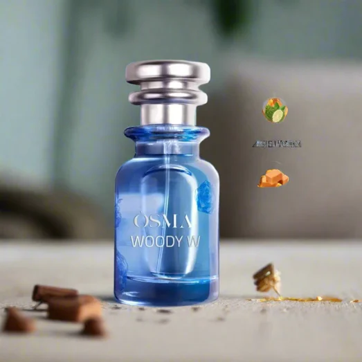 Blue botol minyak wangi berlabel 'Osmia Woody W' with ikon perisa pada latar belakang kelabu muda