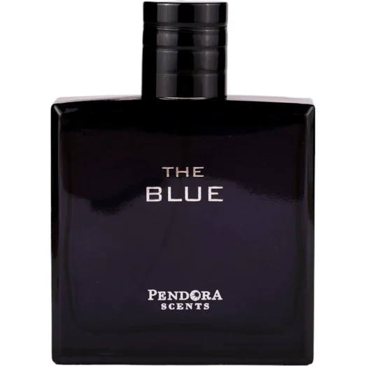 Black perfume bottle labeled 'The Blue' by Pendora Scents on a white background