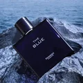 Perfume bottle labeled 'The Blue' by Fendriana on a rocky surface with ocean in the background