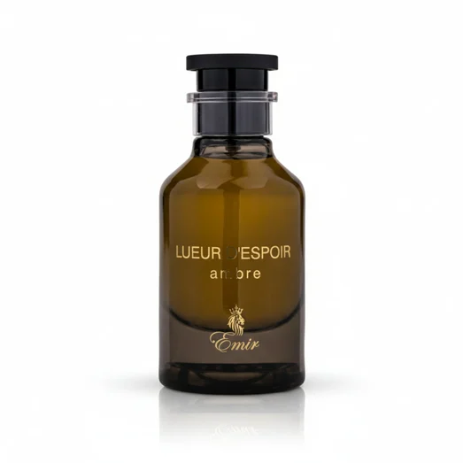 Brown perfume bottle labeled 'Lueur d'Espoir ambre' by Emir on a white background