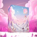 Fantasy-themed product packaging with unicorns and a girl in a field, set against a pink cloud background.