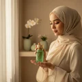 Malaysian hijab woman holding Khair Pistachio, style sweet feminine