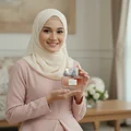 Malaysian hijab woman holding Miss Dona, style feminine sweet