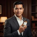 Malaysian man holding Rich Santal Emir, style masculine elegant
