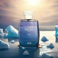 Blue perfume bottle labeled 'Hawas Ice for Him Rasasi for men' on a snowy background
