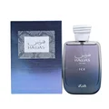 Blue perfume bottle labeled 'Hawas Ice for Him Rasasi for men' on a snowy background