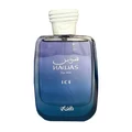 Blue perfume bottle labeled 'Hawas Ice for Him Rasasi for men' on a snowy background