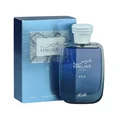 Blue perfume bottle labeled 'Hawas Ice for Him Rasasi for men' on a snowy background