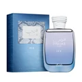 Blue perfume bottle labeled 'Hawas Ice for Him Rasasi for men' on a snowy background
