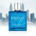 Three bottles of Rayhaan perfume on a blue background with 'The Aqua Collection' text.