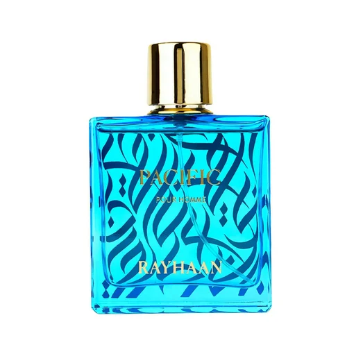 Three bottles of Rayhaan perfume on a blue background with 'The Aqua Collection' text.