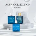 Three bottles of Rayhaan perfume on a blue background with 'The Aqua Collection' text.
