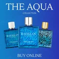 Three bottles of Rayhaan perfume on a blue background with 'The Aqua Collection' text.