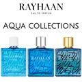 Three bottles of Rayhaan perfume on a blue background with 'The Aqua Collection' text.