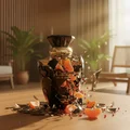 Carino Black Pour Femme by Rue Broca – Broken perfume bottle with scattered orange petals on a wooden surface, with 'Carino' branding