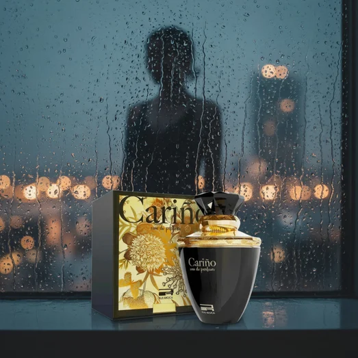 Carino Black by Rue Broca perfume bottle on rainy window n city lights women fragrance