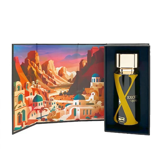 Box and bottle Exotic Heritage Rue Broca fragrance men's warm amber woody vibe elegant